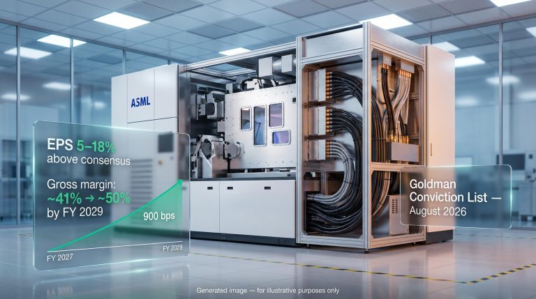 ASML EUV lithography machine with Goldman Sachs 5–18% EPS consensus premium and 50% gross margin target overlays