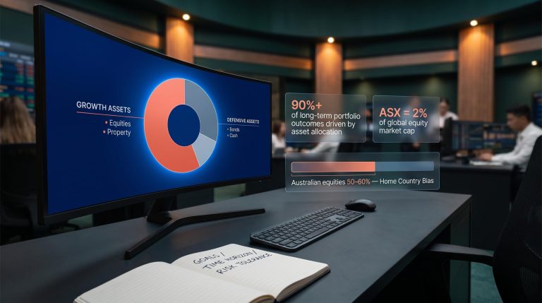 Asset allocation Australia framework on investment monitor showing 90% portfolio outcome stat and home country bias data