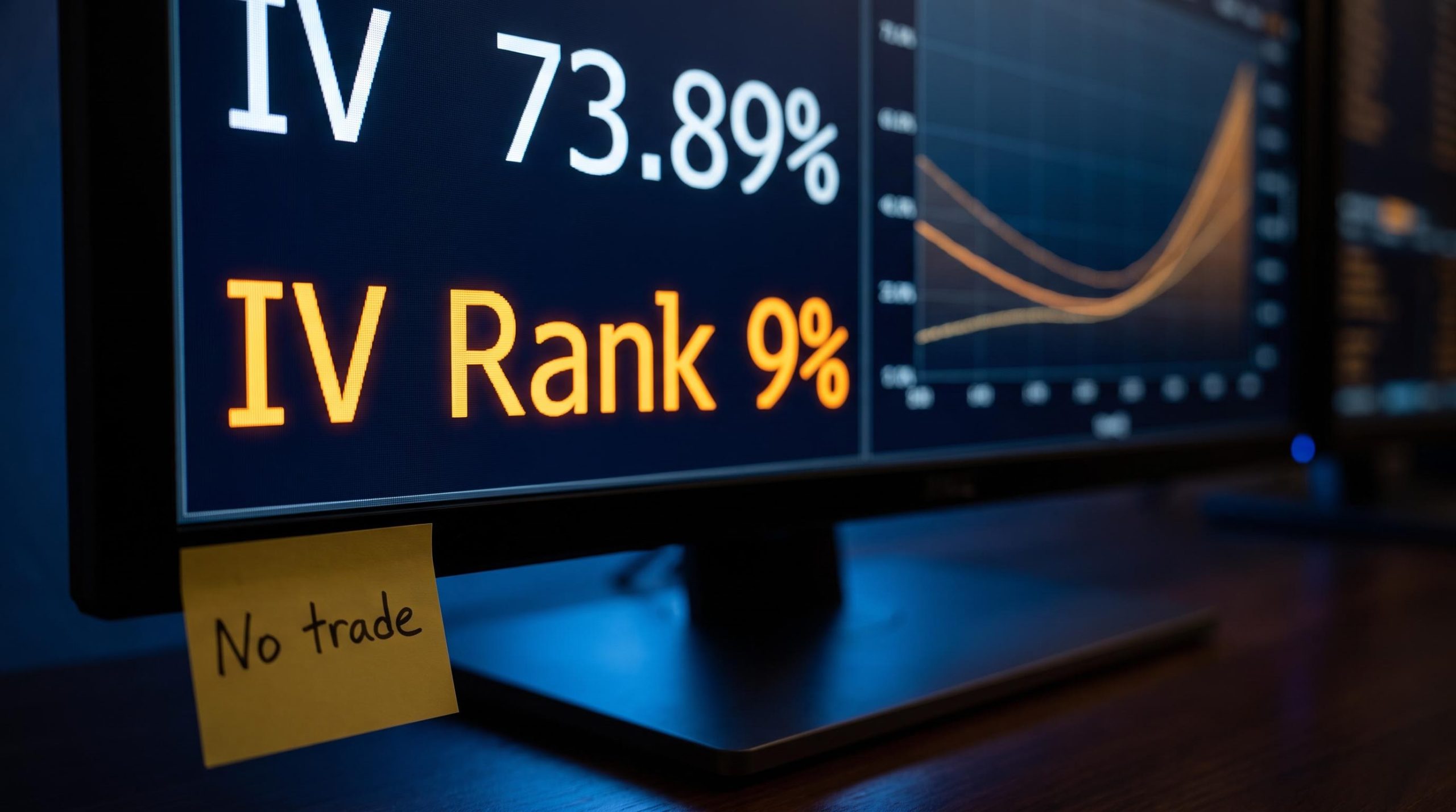 ASTS options terminal showing IV Rank 9% against 73.89% absolute IV — low IV rank options trade veto illustrated