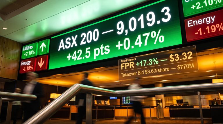 ASX 200 board showing 9,019.3 close with FleetPartners takeover bid and sector data on a live exchange floor