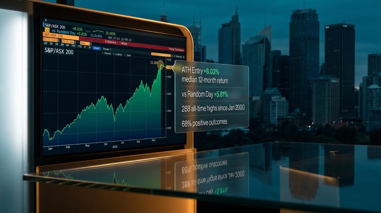 ASX 200 all-time high trading screen showing 8.03% median 12-month ATH return vs 5.81% random-day entry