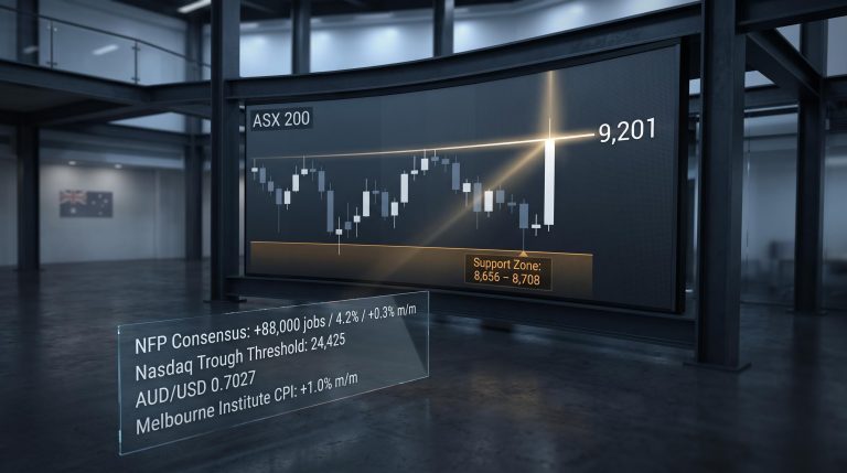 ASX 200 candlestick chart at 9,201 resistance with NFP, Nasdaq 24,425 and AUD/USD 0.7027 data overlays