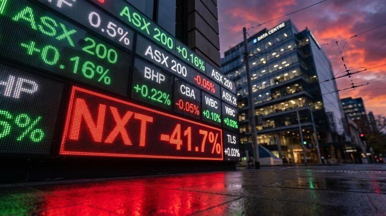 ASX 200 close: stock board with a glowing red NXT -41.7% tile above a calm index as NextDC plunges at dusk