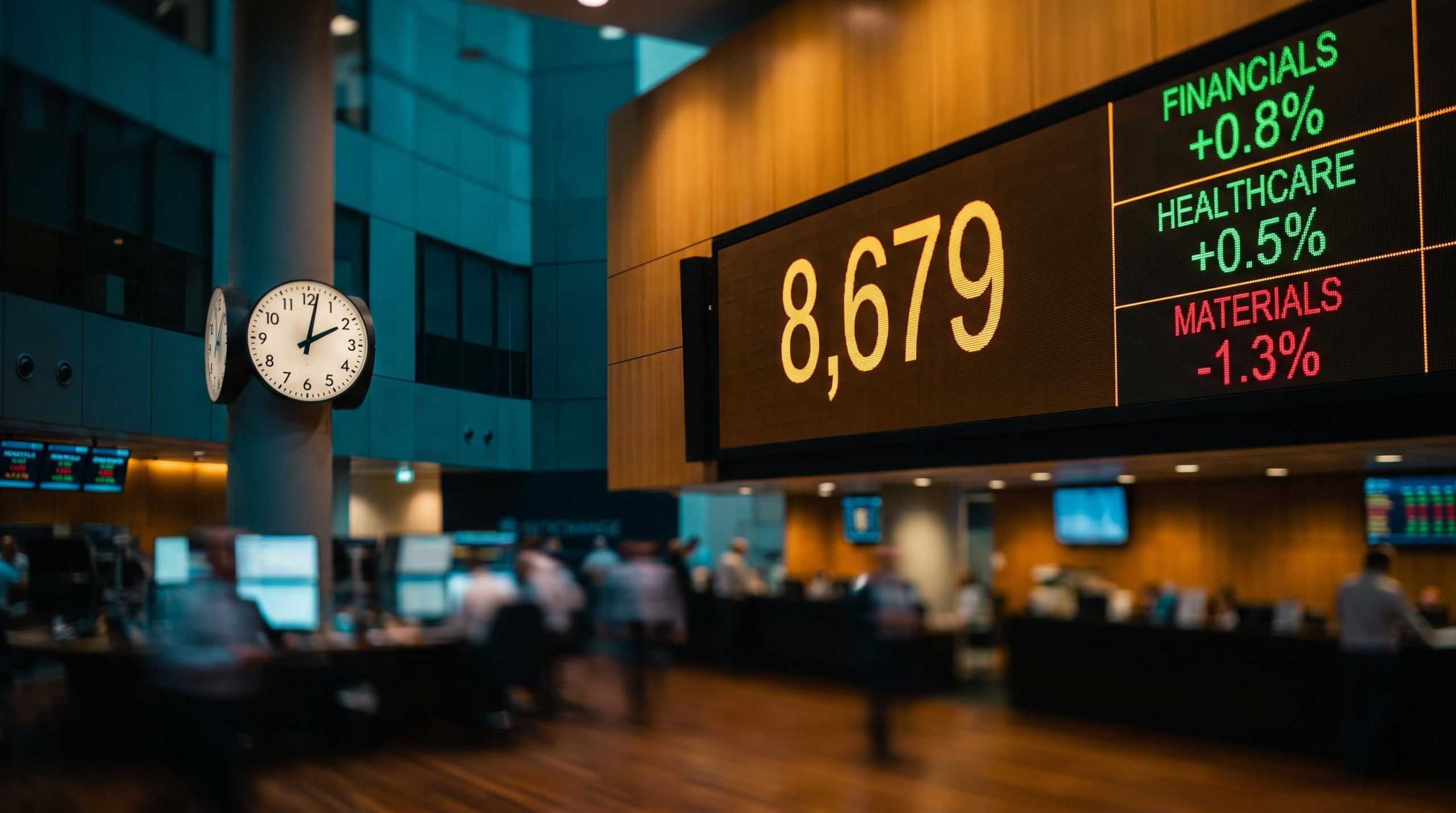 ASX 200 closes at 8,679 as market splits between financials and materials ahead of RBA rate decision