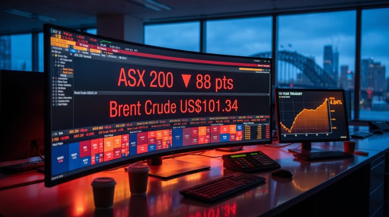ASX 200 futures down 88 points on trading screen as Brent crude hits US$101.34 and Treasury yields surge