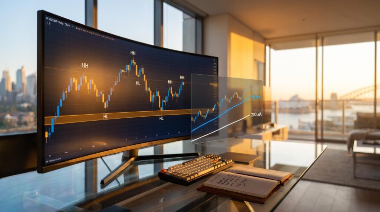 ASX 200 candlestick chart showing higher highs and higher lows with 50 MA and 200 MA overlays — how to read market structure