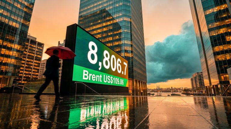 ASX 200 outlook: Sydney tower display showing 8,806.7 and Brent US$109.86 beneath a split sunset and storm sky