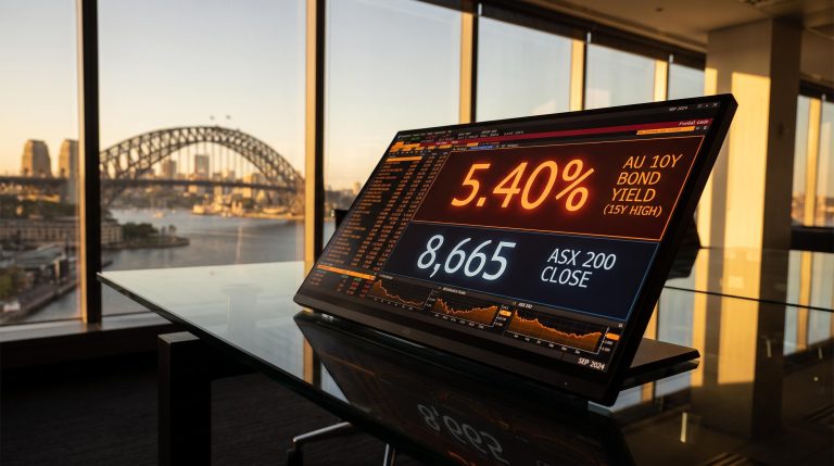 ASX 200 trading terminal showing 5.40% Australian 10-year yield at 15-year high, Sydney skyline backdrop