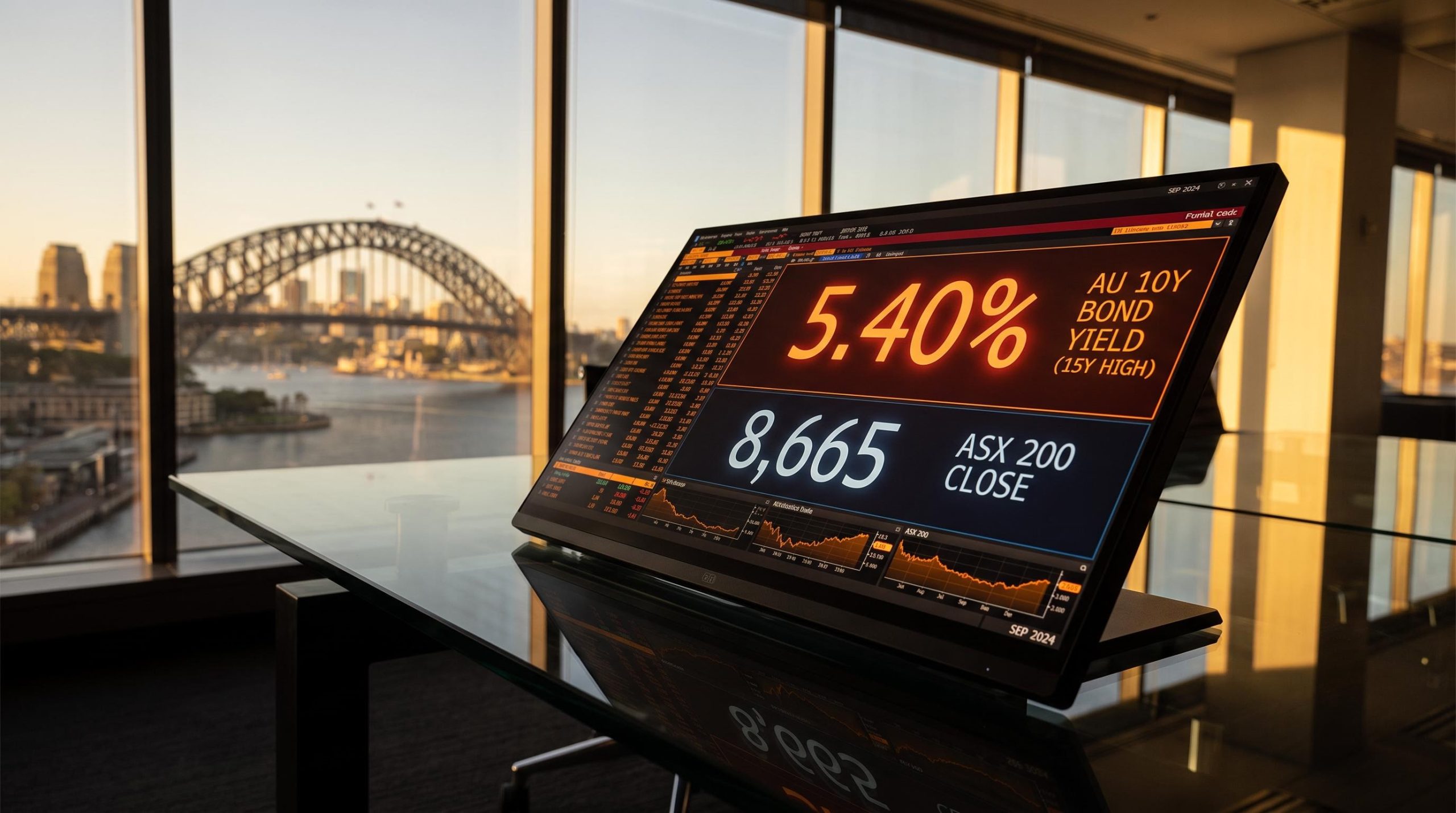 ASX 200 trading terminal showing 5.40% Australian 10-year yield at 15-year high, Sydney skyline backdrop