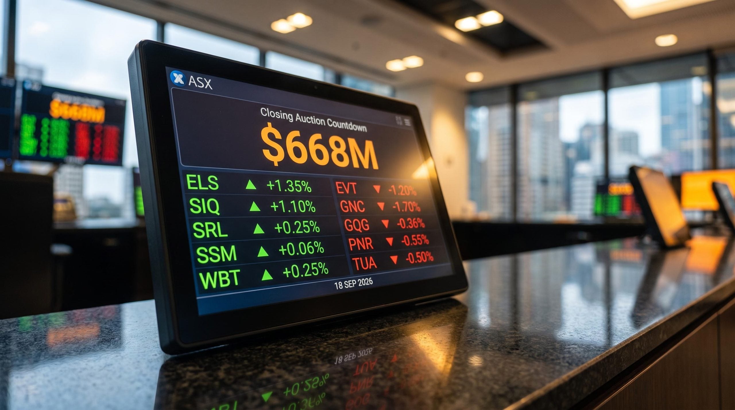 ASX trading terminal displaying $668M forced-flow figure with additions and deletions for the September 2026 ASX 200 rebalance