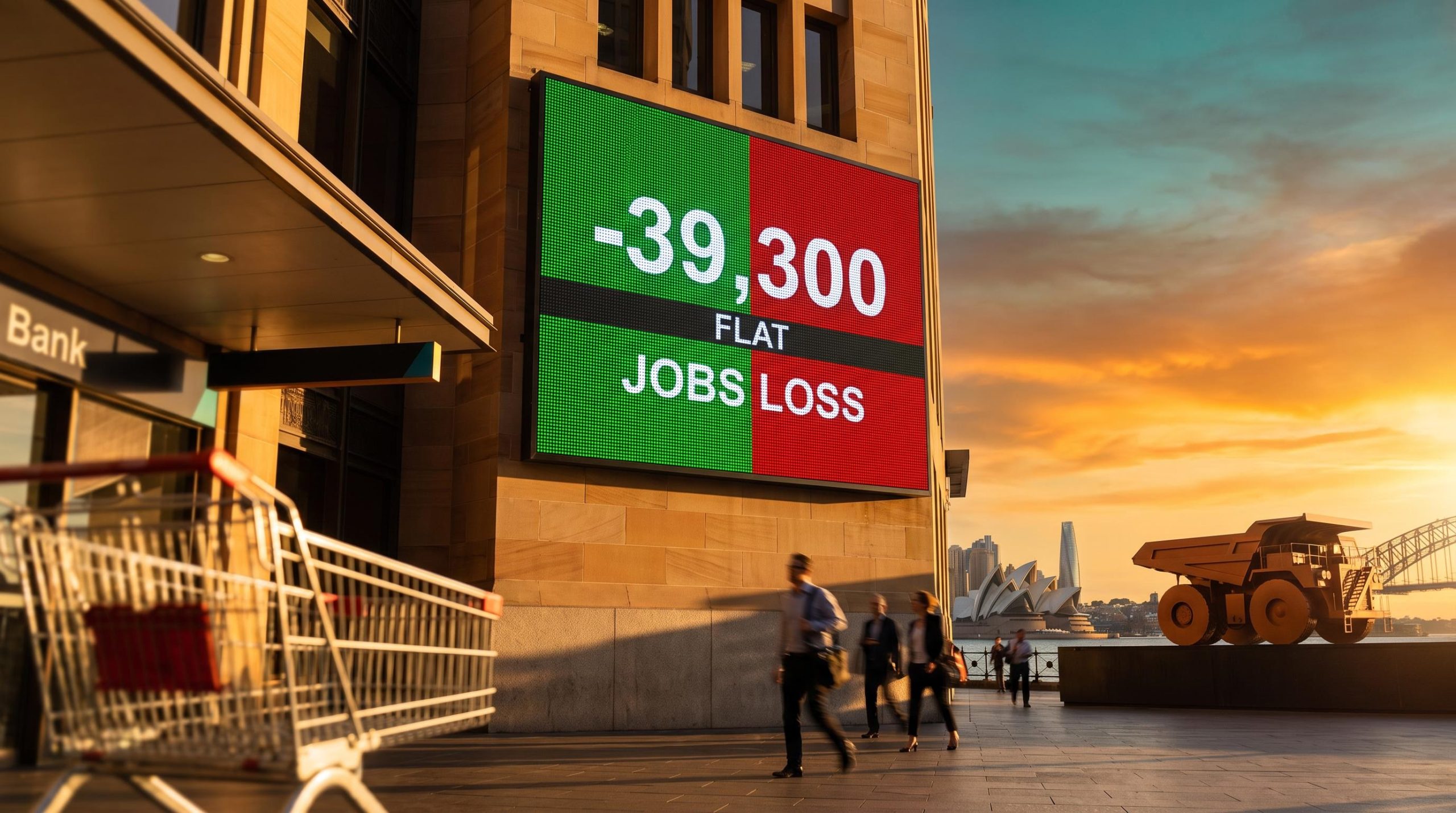 ASX 200 today: split green and red ticker board showing -39,300 jobs loss as defensives rally and miners fall in Sydney