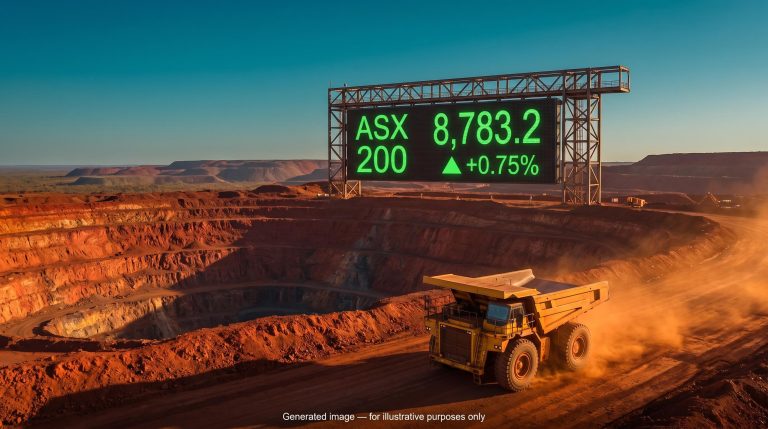 ASX 200 today: market board showing 8,783.2 and +0.75% at a sunlit iron ore mine as miners lead the rebound