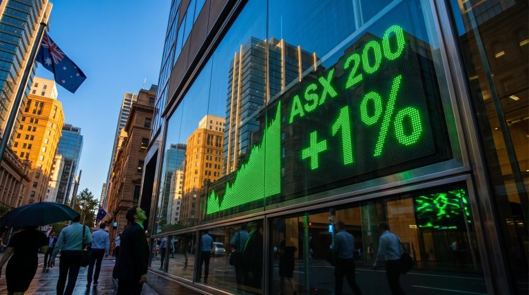 ASX 200 today: green LED index board surges about 1% on a sunlit Sydney street after weak jobs data