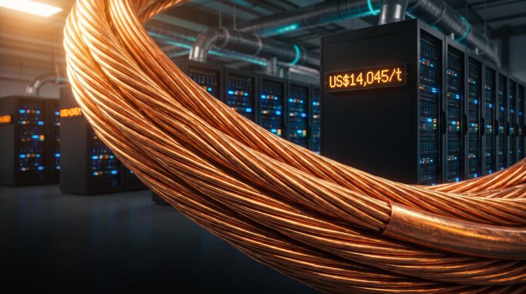 Thick copper cable bundle with data-centre server racks behind — ASX AI infrastructure stocks copper demand story