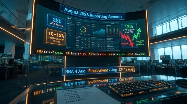 ASX August 2026 reporting season trading screens showing 10–15% guidance-driven moves, CBA and CSL tickers highlighted
