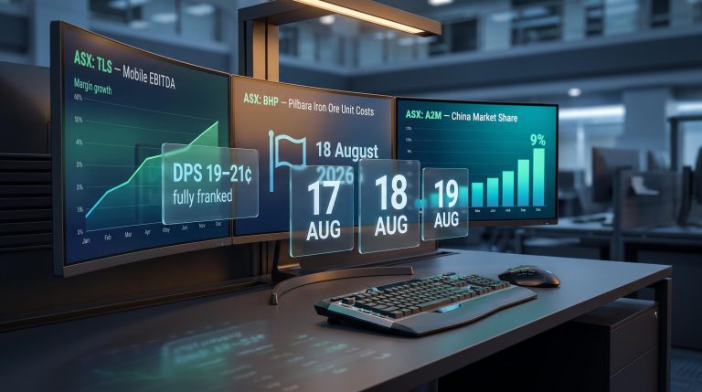 Triple-screen trading terminal showing Telstra, BHP and A2 Milk ASX earnings signal metrics for August 2026 results window