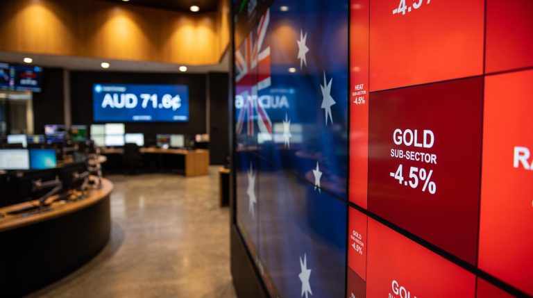 ASX trading screen showing gold sector down 4.5% after Powell's Jackson Hole signal caps five-month market rally