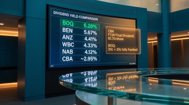 ASX bank dividend yield comparison screen showing BOQ at 6.26% and CBA at 2.95% in August 2026