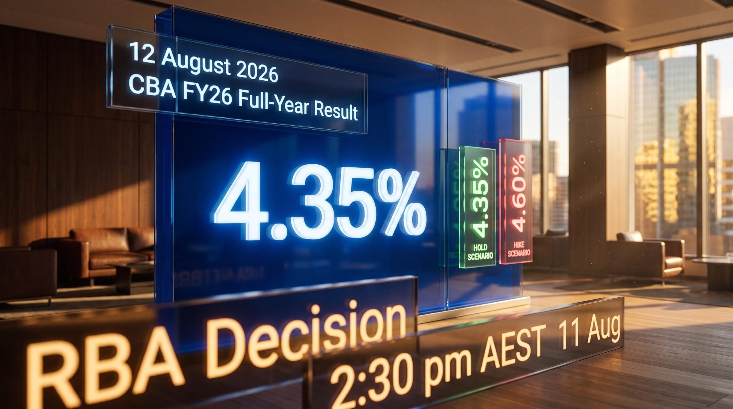 RBA 4.35% cash rate and CBA FY26 earnings catalyst data panels — ASX bank shares sector analysis