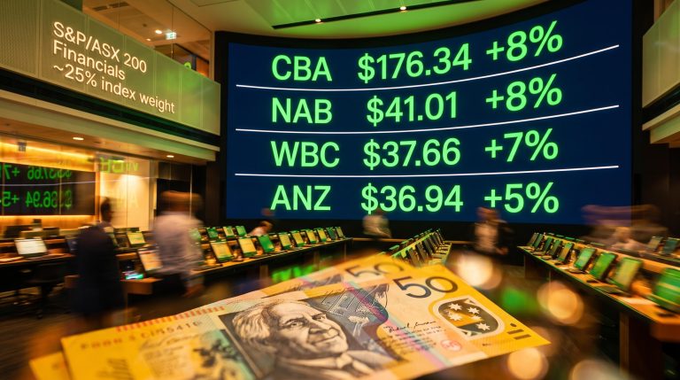 ASX bank stocks CBA NAB WBC ANZ monthly gains up to 8% on trading screen amid July 2026 sector rotation