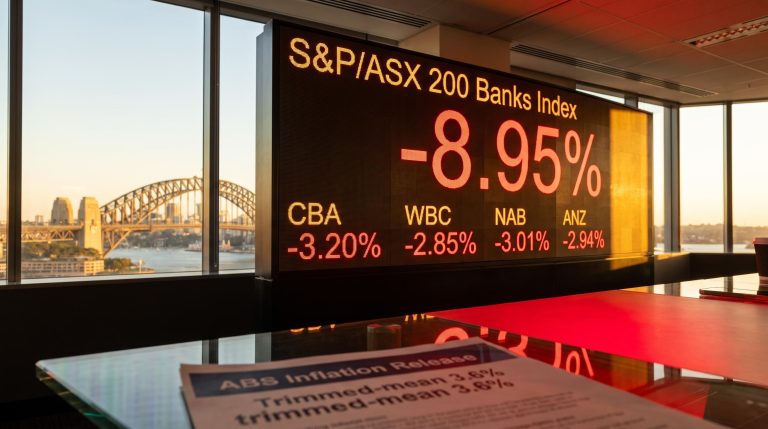 ASX Banks Index -8.95% on trading terminal with CBA, WBC, NAB, ANZ tickers amid sticky 3.6% inflation data