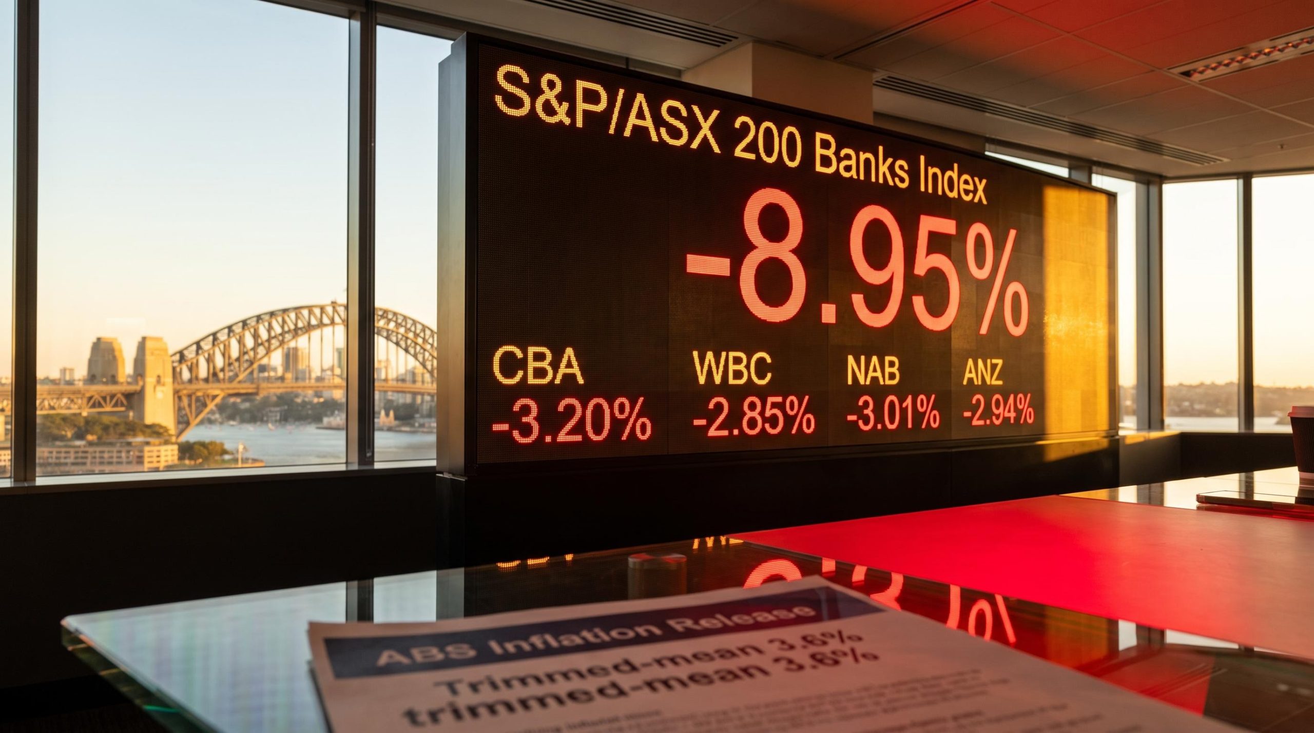 ASX Banks Index -8.95% on trading terminal with CBA, WBC, NAB, ANZ tickers amid sticky 3.6% inflation data