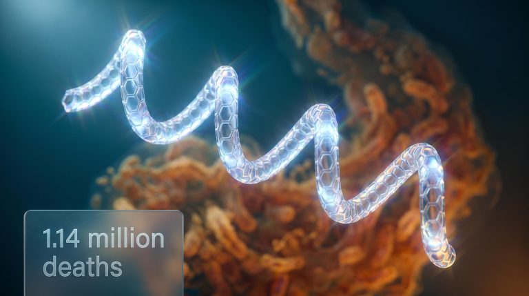 Synthetic polymer helix glowing in teal light with AMR death toll figure, representing ASX biotech stocks in anti-infective development