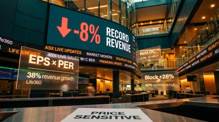 ASX announcement screen showing record revenue alongside -8% price drop, illustrating the expectations gap concept
