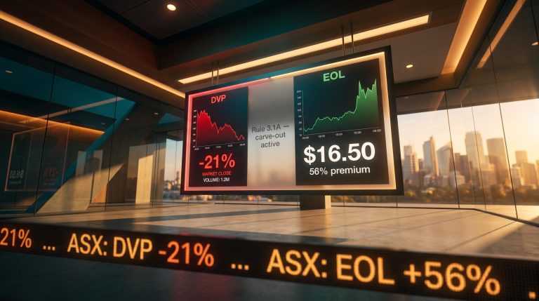 ASX trading display showing DVP -21% and EOL 56% premium panels illustrating continuous disclosure gaps