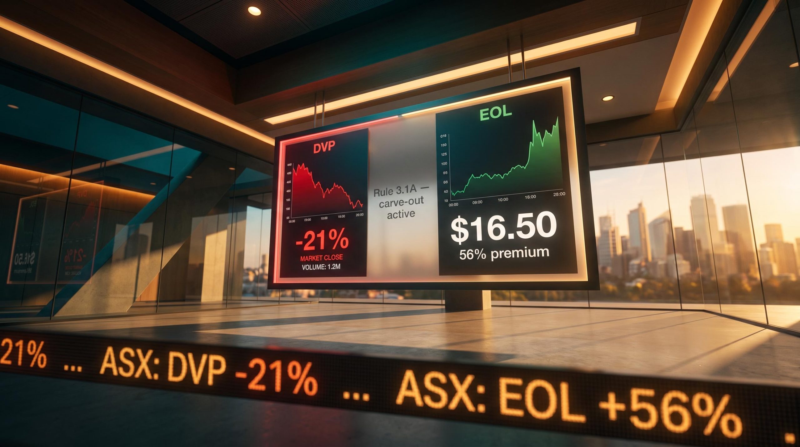 ASX trading display showing DVP -21% and EOL 56% premium panels illustrating continuous disclosure gaps