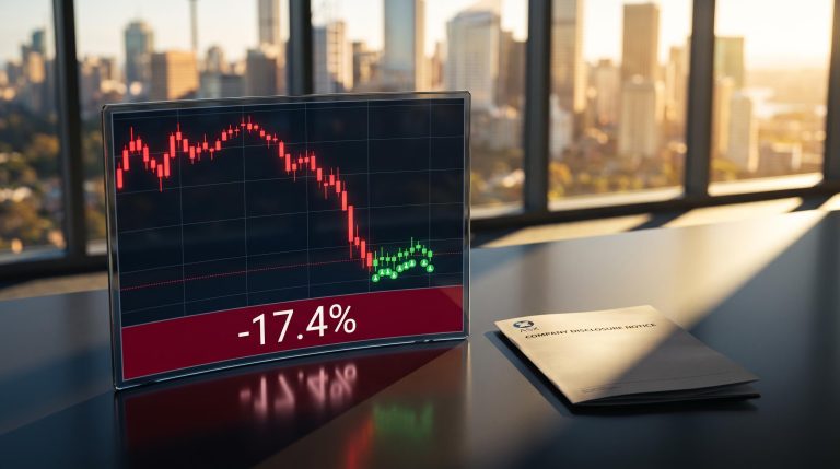 ASX trading screen showing -17.4% price drop with buy signals marked at the trough, Sydney skyline behind