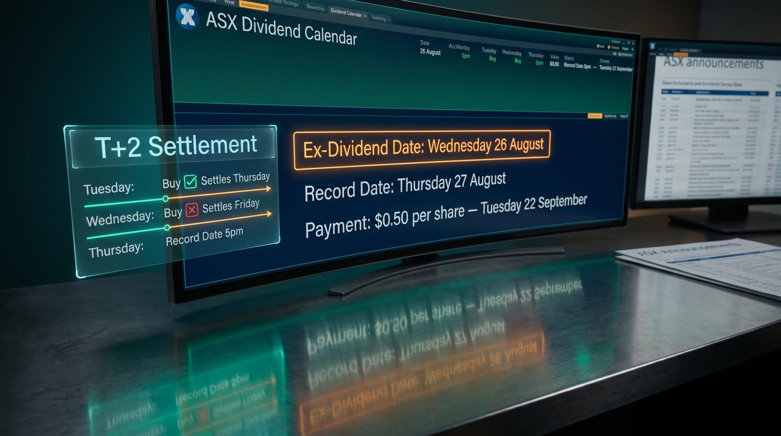 ASX trading terminal showing ex-dividend date calendar with T 2 settlement timeline and $0.50 per share payment details