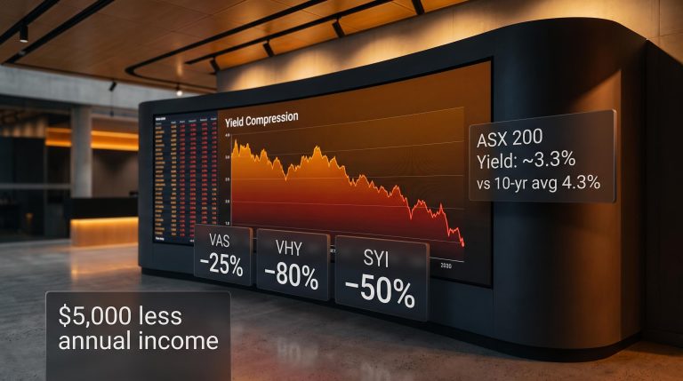 ASX dividend yield compression chart showing VAS –25%, VHY –80%, SYI –50% June 2026 distribution cuts on trading screen