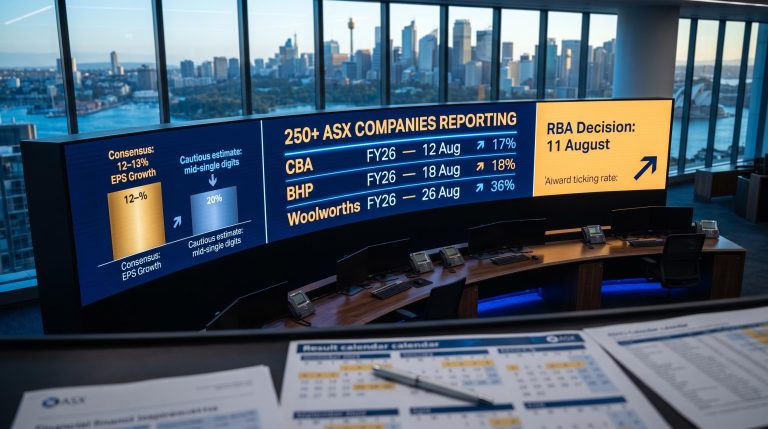 ASX August 2026 earnings season data wall showing CBA, BHP, Woolworths dates and 12–13% EPS growth consensus split
