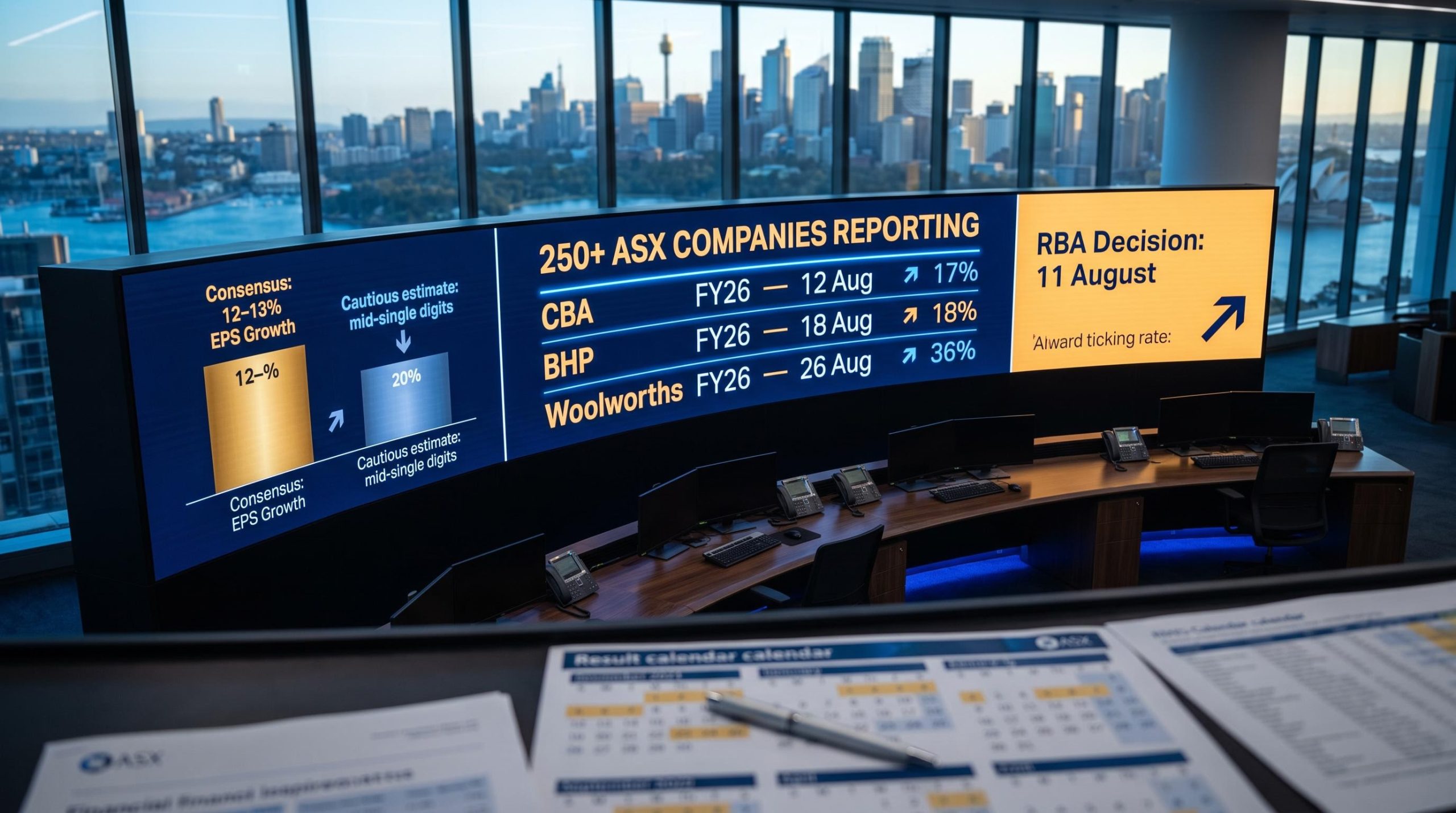 ASX August 2026 earnings season data wall showing CBA, BHP, Woolworths dates and 12–13% EPS growth consensus split