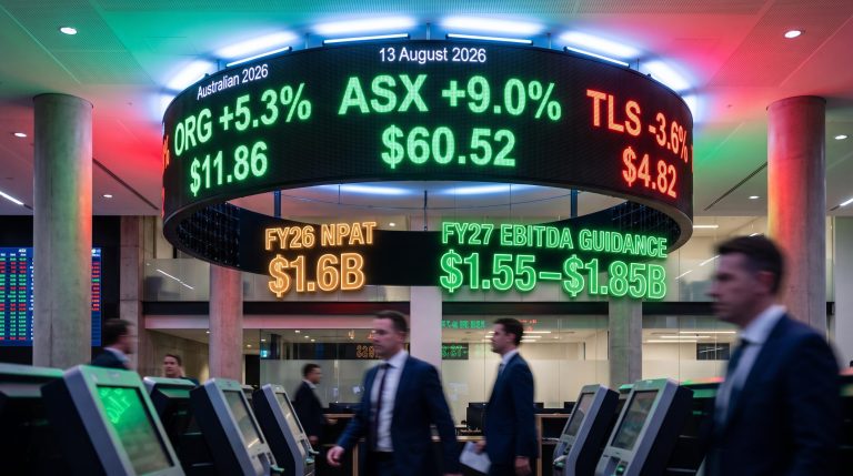 ASX earnings season data wall showing ORG +5.3%, ASX +9.0%, TLS -3.6% with FY26 NPAT overlays on 13 August