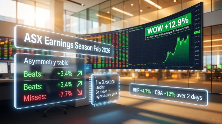 ASX earnings season data screen showing Woolworths 12.9% surge with beat vs miss asymmetry panels on trading floor