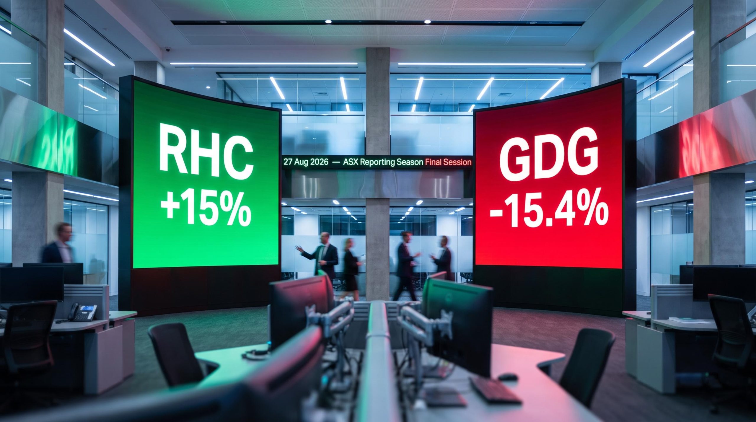 ASX trading screens show RHC +15% and GDG -15.4% in same session, capturing ASX earnings season paradox
