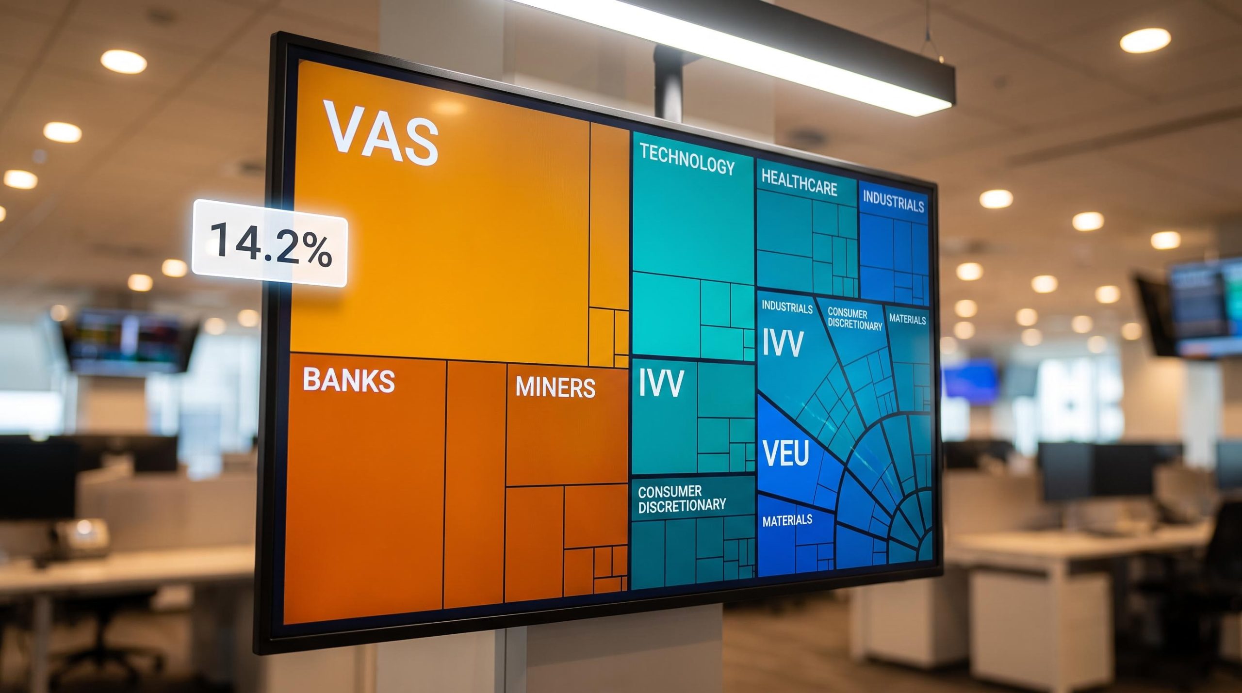ASX ETF portfolio split showing VAS bank-miner concentration versus IVV VEU global diversification on trading screen