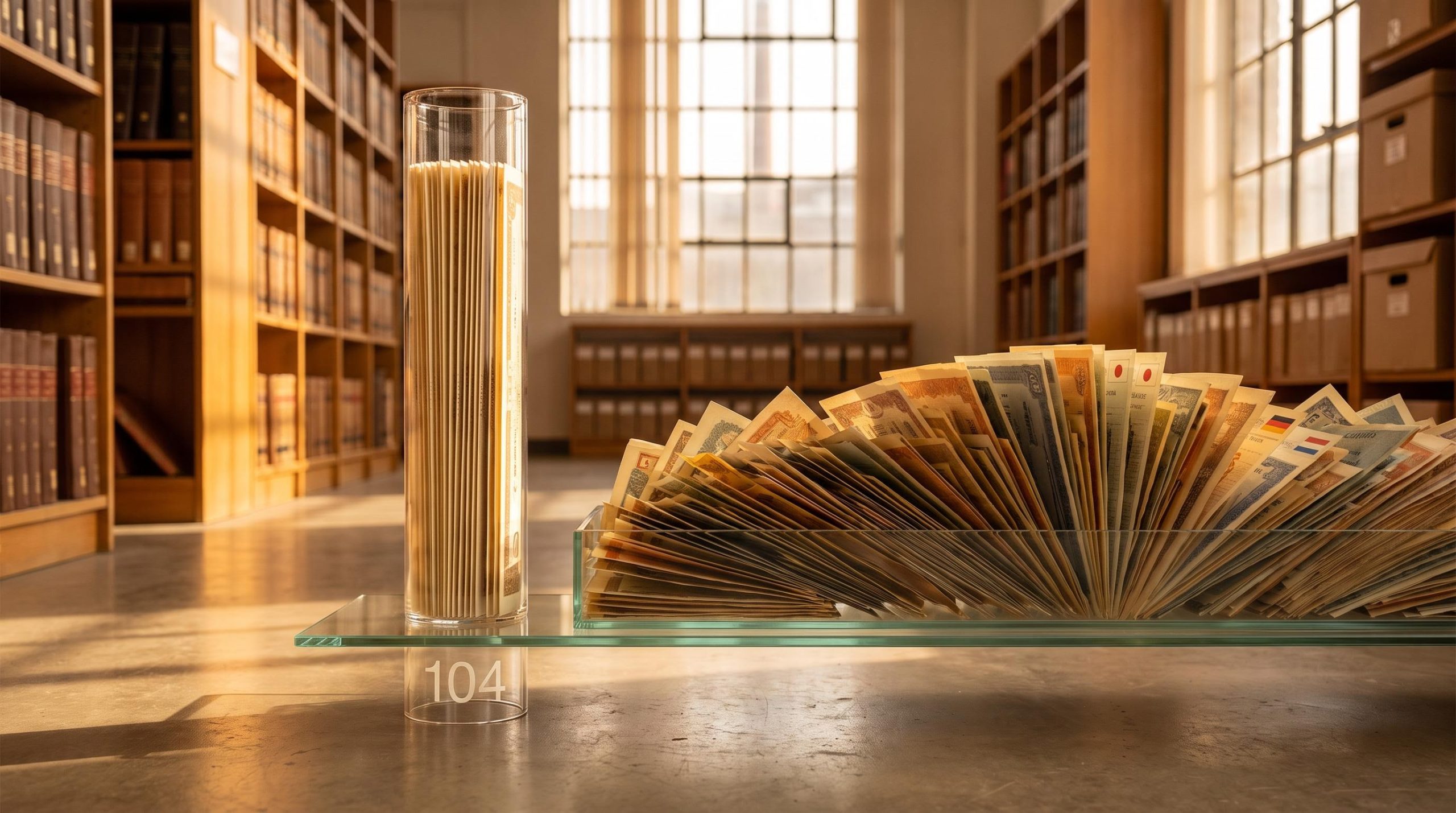 Glass column of 104 holdings versus a vast tray of 4,000 securities visualising ASX global diversification contrast