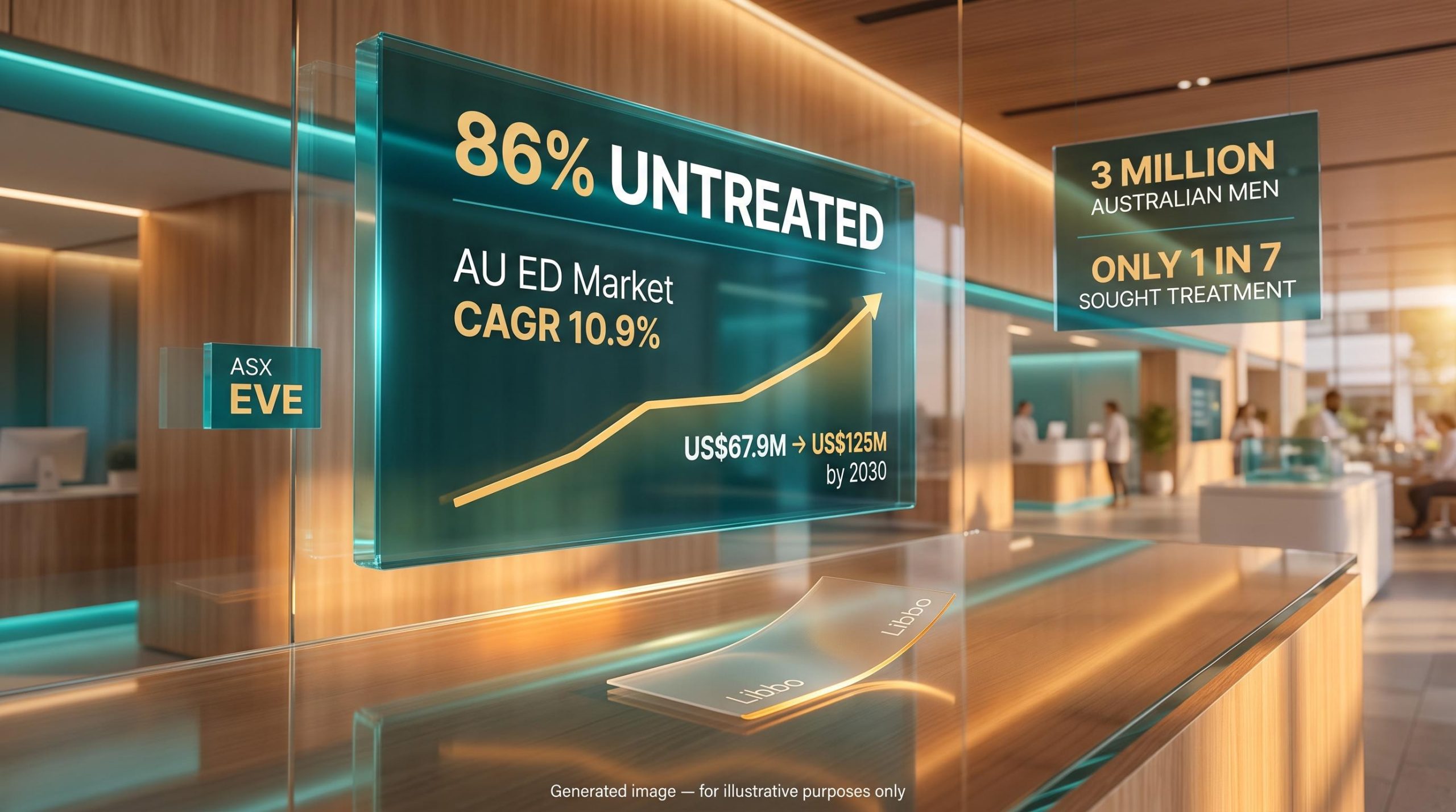 ASX health stock EVE data panel showing 86% untreated ED market and 10.9% Australian CAGR growth projection