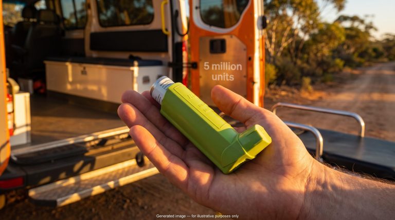 Green whistle methoxyflurane inhaler in sunlit ambulance setting — ASX healthcare stock MVP Penthrox