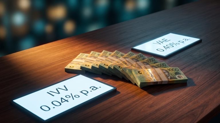 Two ASX ETF screens showing IVV at 0.04% and VAE at 0.40% beside a $10,000 spread of Australian banknotes