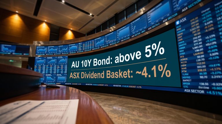 ASX trading screens showing bond yield above 5% versus dividend basket gap, signalling ASX investment strategy shift