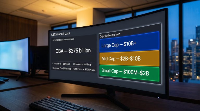 ASX trading screen displaying market cap tier breakdown with CBA $275B and share price vs market cap data