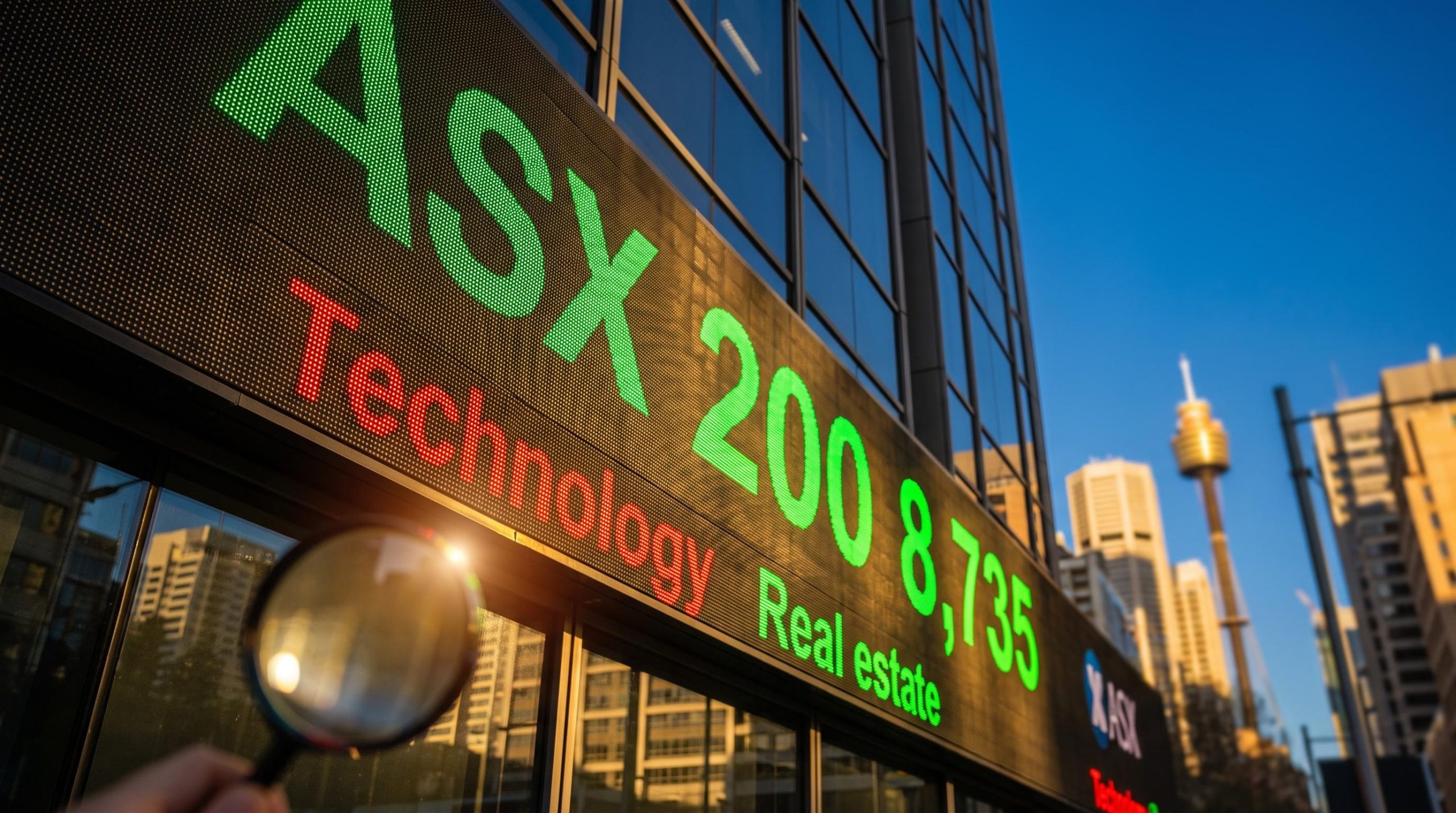 ASX market wrap: ASX 200 board showing 8,735 in green beside a red technology label under Sydney skyline