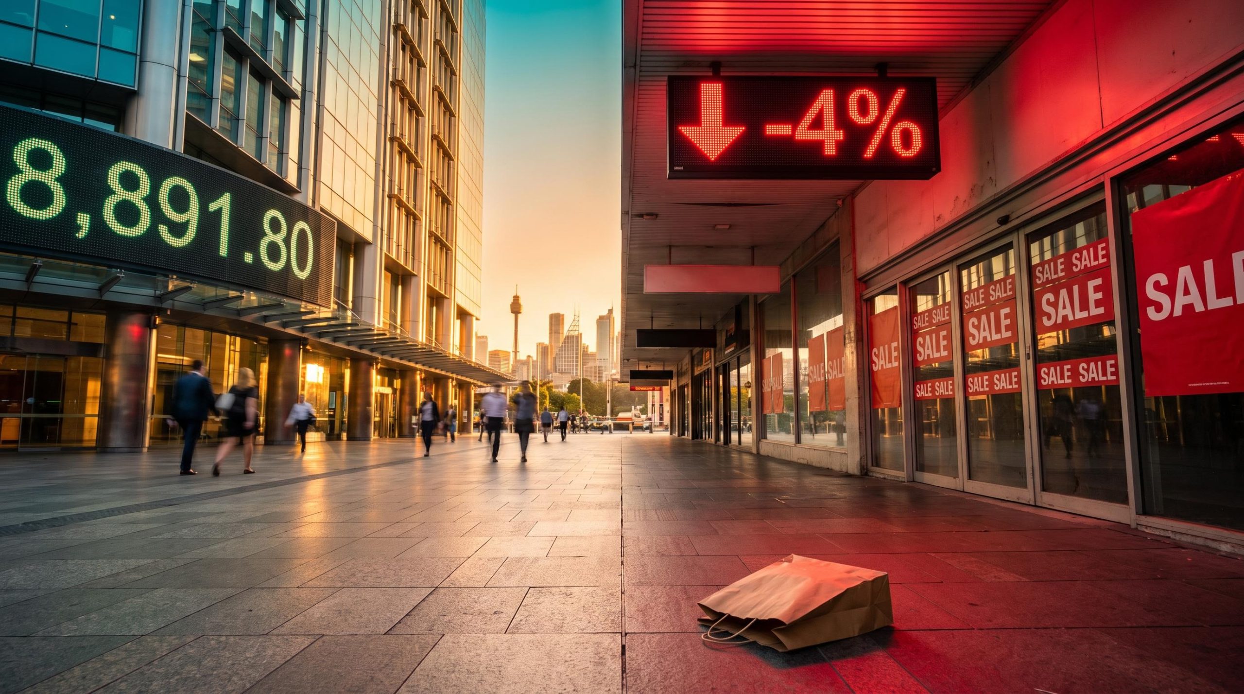 ASX market wrap: bank tower ticker at 8,891.80 beside a red-lit retail storefront as retailers fall
