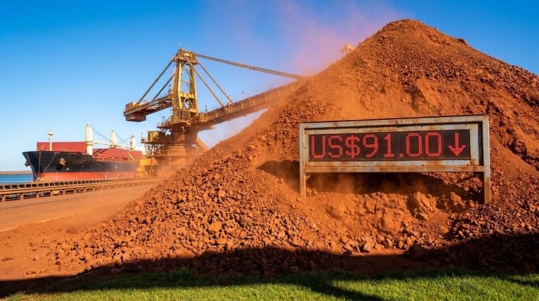 ASX market wrap: iron ore stockpile with falling US$91.00 price board as resource stocks drag the S&P/ASX 200 lower