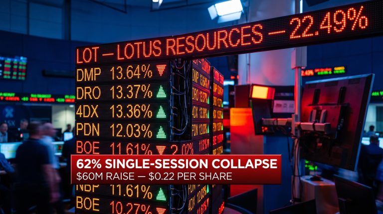 ASX most shorted stocks leaderboard with Lotus Resources at 22.49% and 62% single-session collapse data overlay