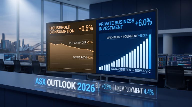 Split trading screen showing ASX outlook 2026 divergence: business investment +6.0% vs household consumption +0.5%